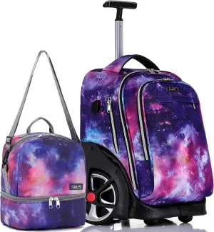 NEW TILAMI Wheeled Backpack 19 inch with Lunch Bag for Girls Boys Rolling Laptop Backpack School Travel Durable Stylish Carry-on Bag, Starry Purple