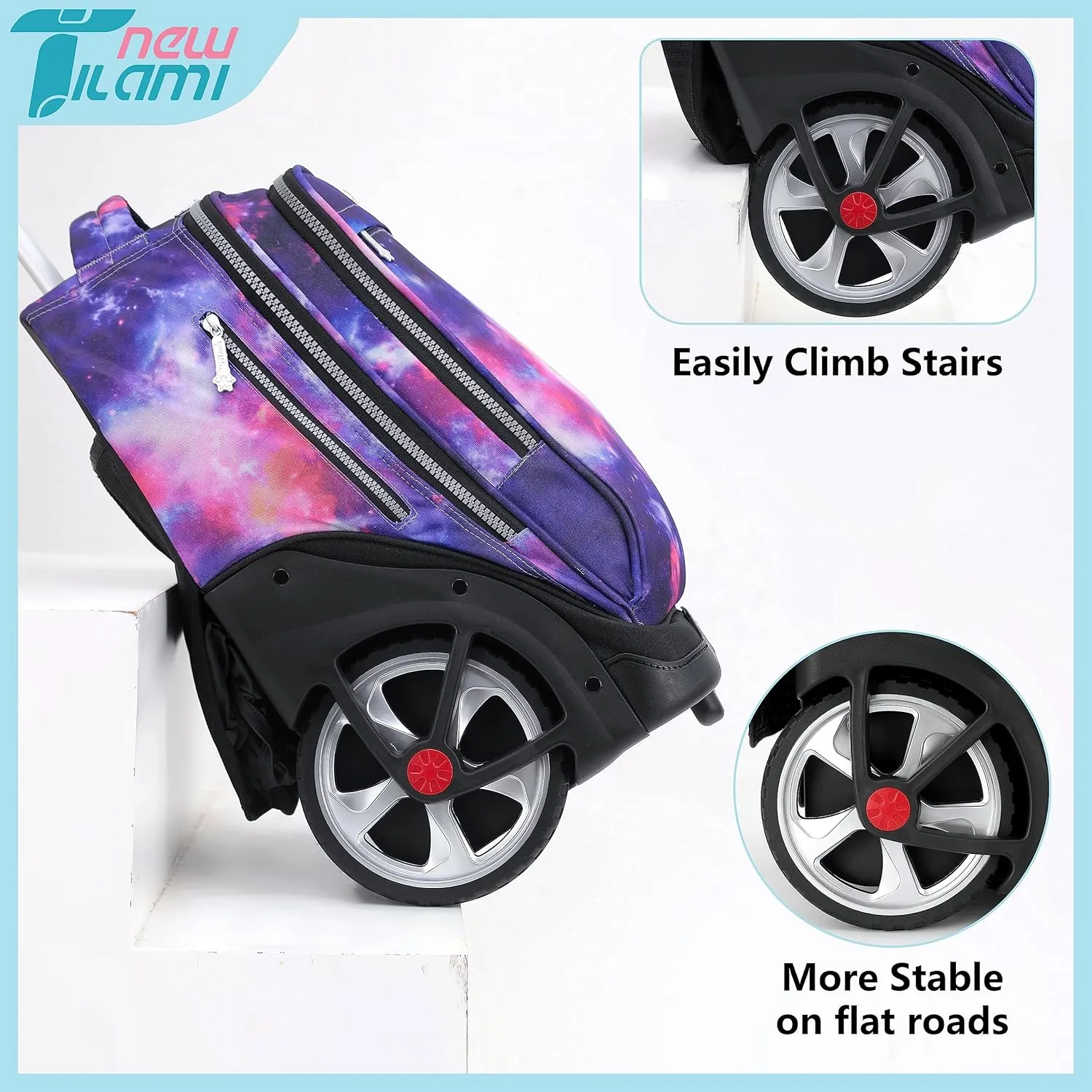 NEW TILAMI Wheeled Backpack 19 inch with Lunch Bag for Girls Boys Rolling Laptop Backpack School Travel Durable Stylish Carry-on Bag, Starry Purple