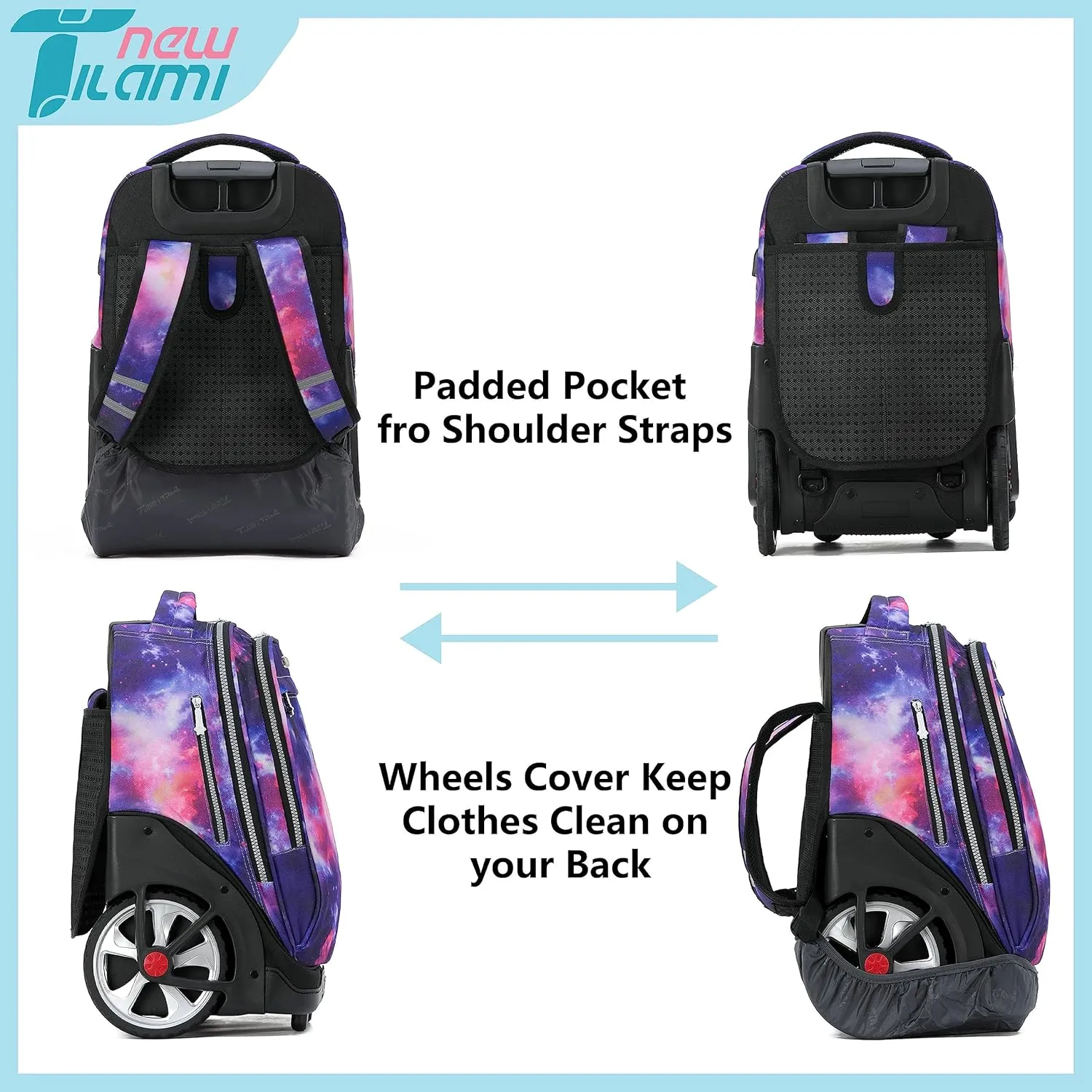 NEW TILAMI Wheeled Backpack 19 inch with Lunch Bag for Girls Boys Rolling Laptop Backpack School Travel Durable Stylish Carry-on Bag, Starry Purple