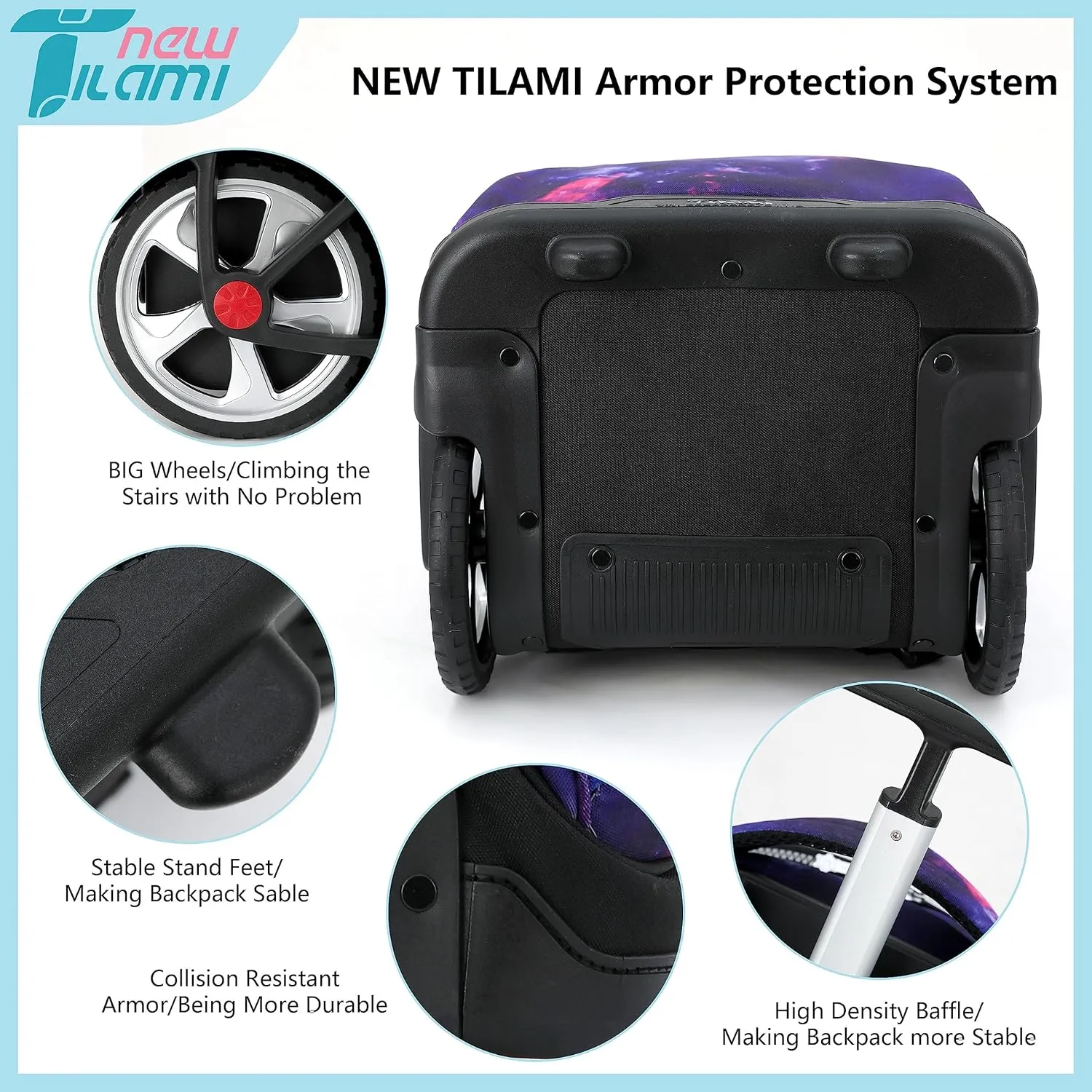 NEW TILAMI Wheeled Backpack 19 inch with Lunch Bag for Girls Boys Rolling Laptop Backpack School Travel Durable Stylish Carry-on Bag, Starry Purple