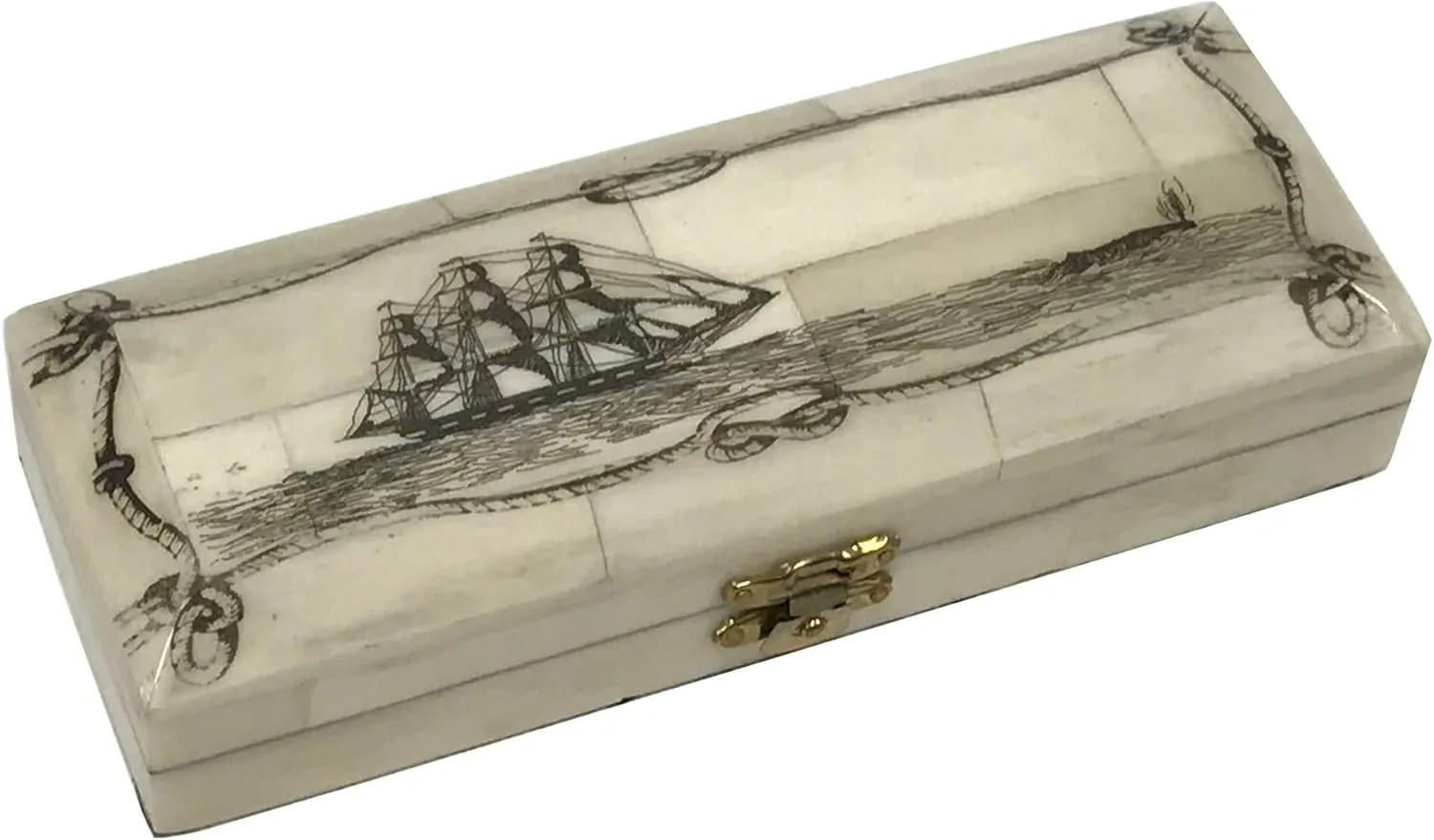 New Voyage Explorer Ship Black Engraved Vintage Scrimshaw Ox Bone Postage Stamp Box Antique Reproduction, 6-1/2" x 2 1/4" x 1-1/4"