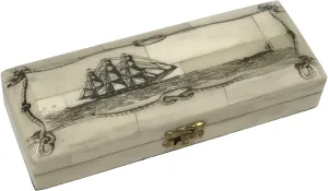 New Voyage Explorer Ship Black Engraved Vintage Scrimshaw Ox Bone Postage Stamp Box Antique Reproduction, 6-1/2" x 2 1/4" x 1-1/4"