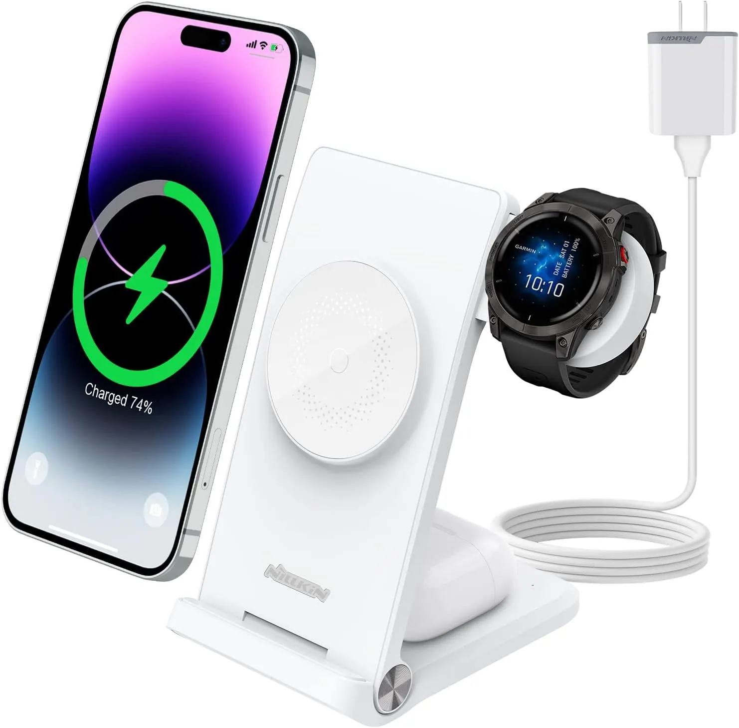 Nillkin 3 in 1 Magsafe Wireless Charging Station, Garmin Watch Charger Stand for Fenix 7/7S/8 Forerunner 245/745/945/965,Tactix,Enduro,Epix,Foldable Charger for iPhone 16/15/14 & AirPods with Adapter