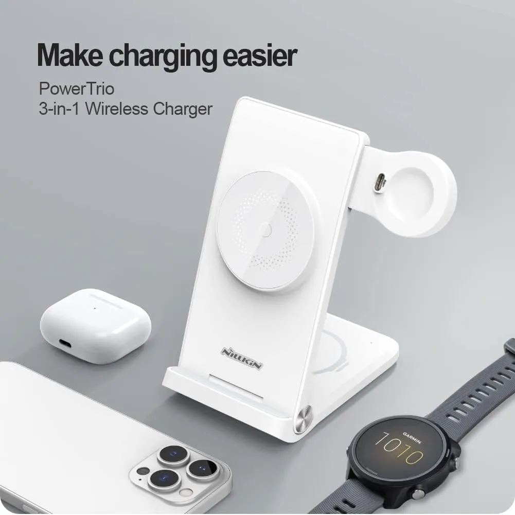 Nillkin 3 in 1 Magsafe Wireless Charging Station, Garmin Watch Charger Stand for Fenix 7/7S/8 Forerunner 245/745/945/965,Tactix,Enduro,Epix,Foldable Charger for iPhone 16/15/14 & AirPods with Adapter