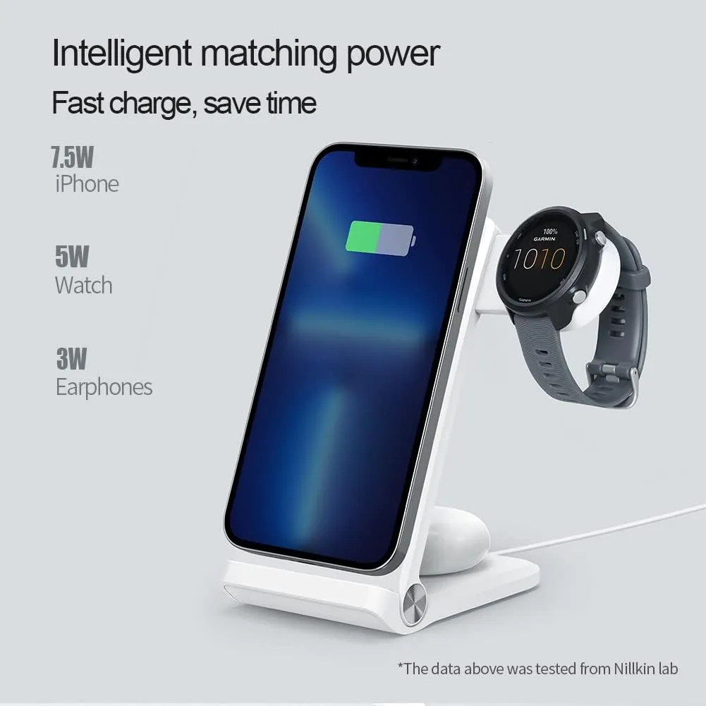 Nillkin 3 in 1 Magsafe Wireless Charging Station, Garmin Watch Charger Stand for Fenix 7/7S/8 Forerunner 245/745/945/965,Tactix,Enduro,Epix,Foldable Charger for iPhone 16/15/14 & AirPods with Adapter