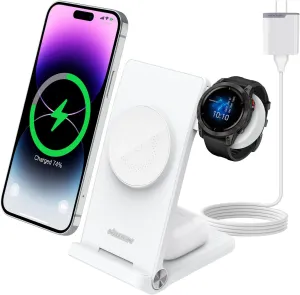Nillkin 3 in 1 Magsafe Wireless Charging Station, Garmin Watch Charger Stand for Fenix 7/7S/8 Forerunner 245/745/945/965,Tactix,Enduro,Epix,Foldable Charger for iPhone 16/15/14 & AirPods with Adapter