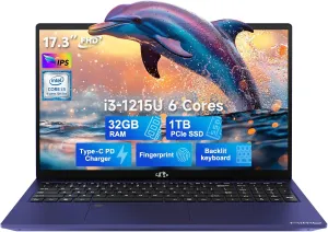 NIMO 17.3 FHD-Laptop, Intel 6-Cores i3-1215U 32GB RAM 1TB SSD (Beat i5-1135G7, Up to 4.4GHz) 65W Type-C Fingerprint Backlit Keyboard IPS Business Computer, Wi-Fi 6 Win 11