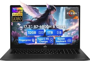 NIMO 17.3" IPS FHD-Gaming-Laptop, 8 Cores AMD Ryzen 7 6800H 32GB DDR5 RAM 1TB SSD (Beat Intel i7-12700H, Up to 4.7GHz) AMD Radeon 680M GPU-Computer with 100W Type-C Backlit Keyboard, Fingerprint