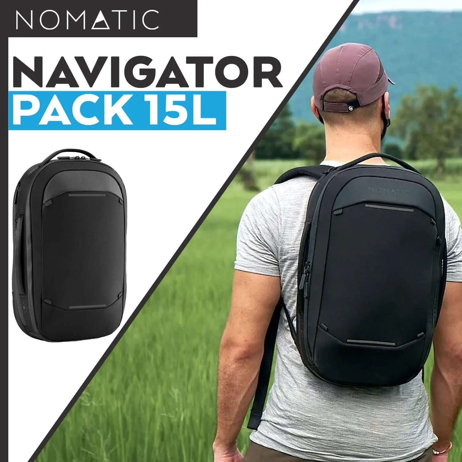 NOMATIC Navigator Premium Backpack - 15L w/ 6L Built-In Expansion - Water Resistant Anti-Theft Laptop Bag - Expandable Black Computer Backpack