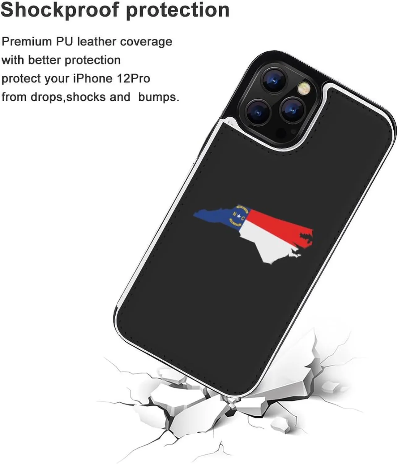 North Carolina State Flag Map Flip Premium Leather Case with Credit Card Holder Kickstand Function Compatible for iPhone 12 Series