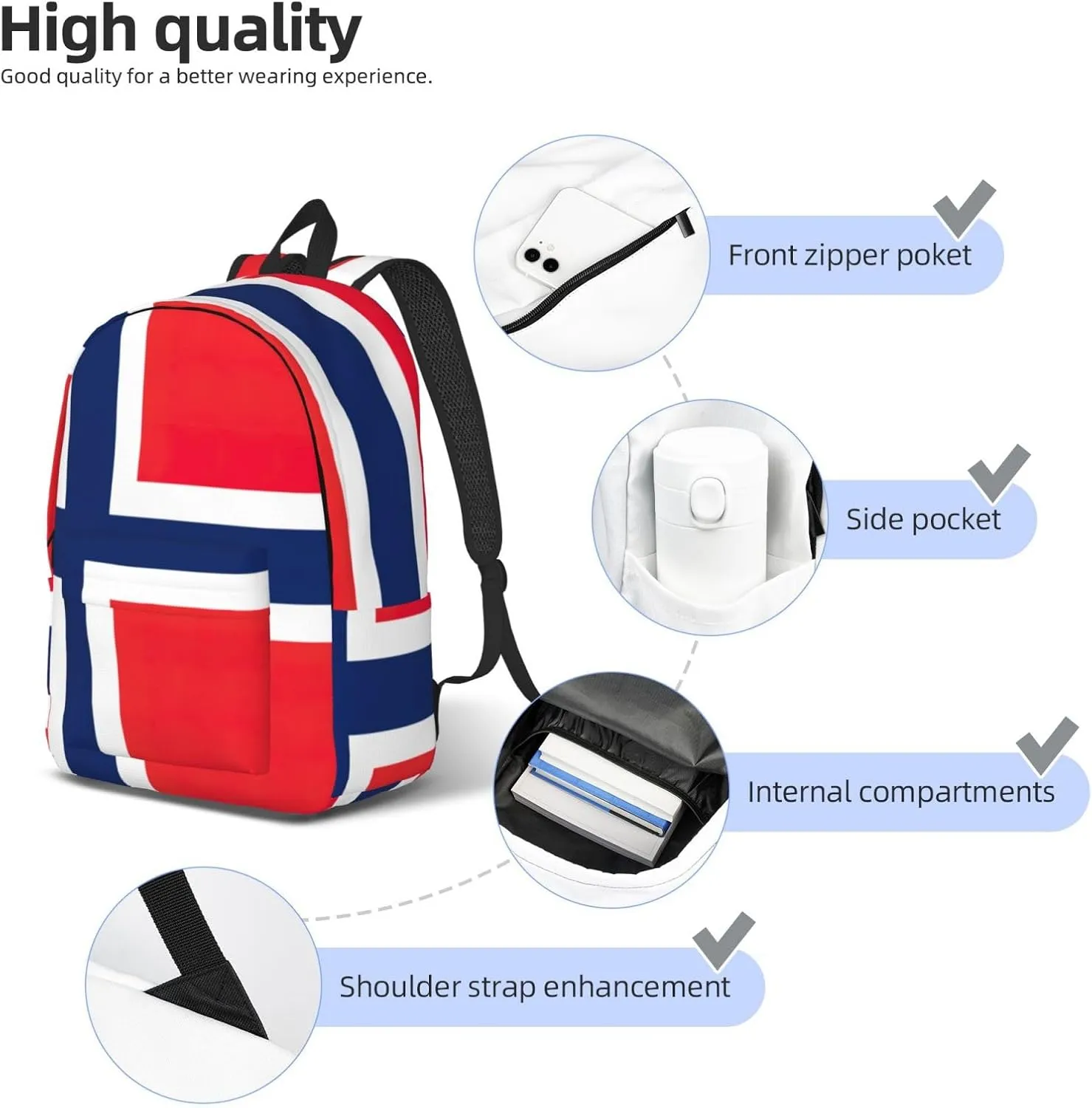 Norwegian Flag Print Canvas Backpack,For Laptops Up To 17in,Stylish And Lightweight With Adjustable Straps