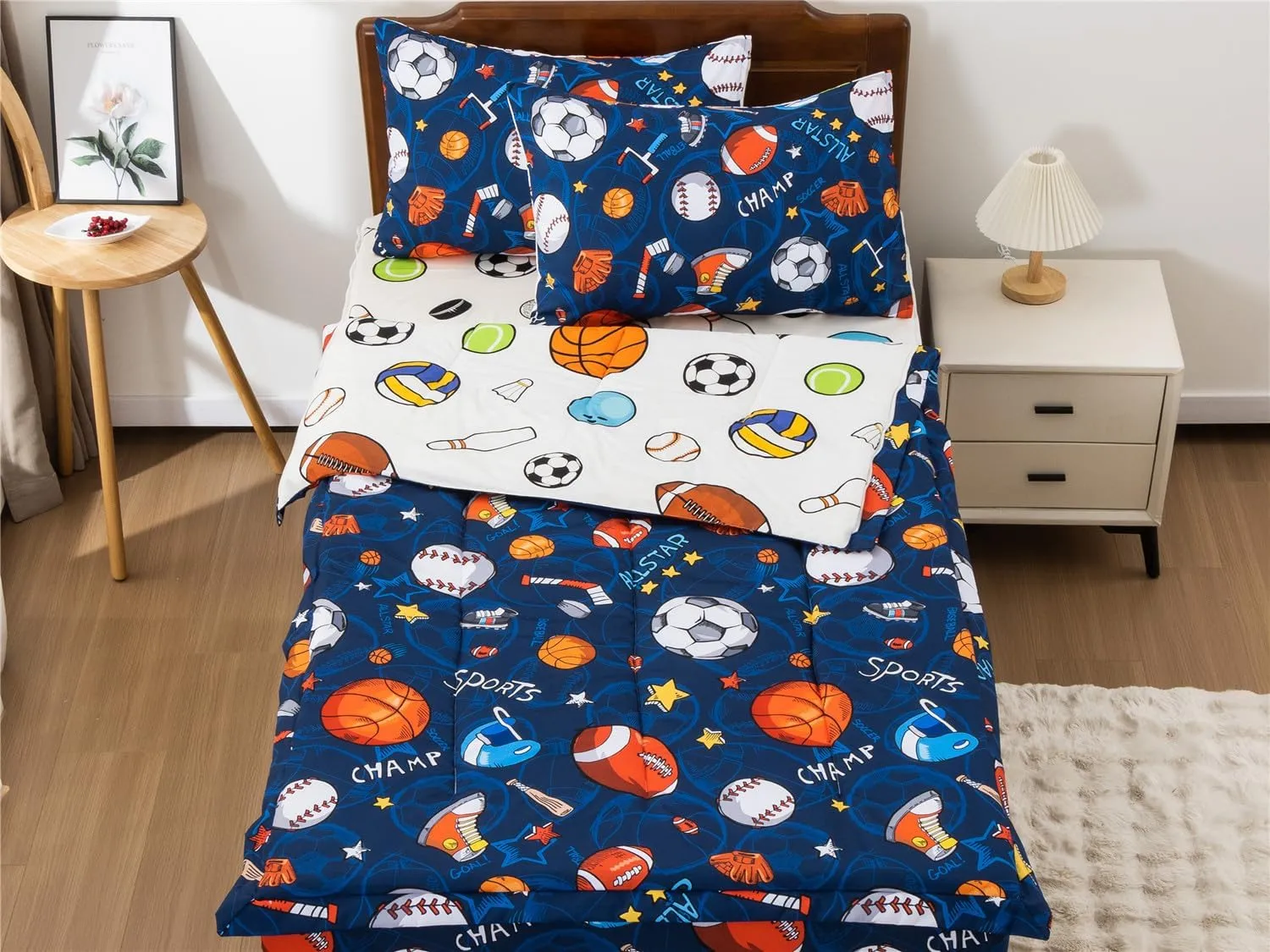 NTBED Sport Basketball Printed Zipper Bedding Sets Full Lightweight Microfiber Football Comforter Sets with Fitted Sheet Pillow Covers,Blue