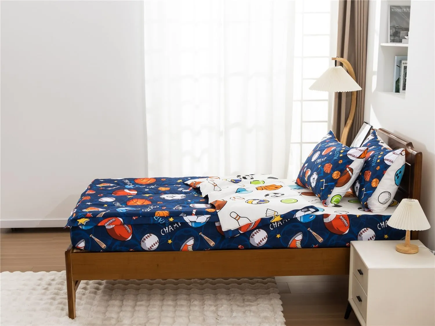 NTBED Sport Basketball Printed Zipper Bedding Sets Full Lightweight Microfiber Football Comforter Sets with Fitted Sheet Pillow Covers,Blue