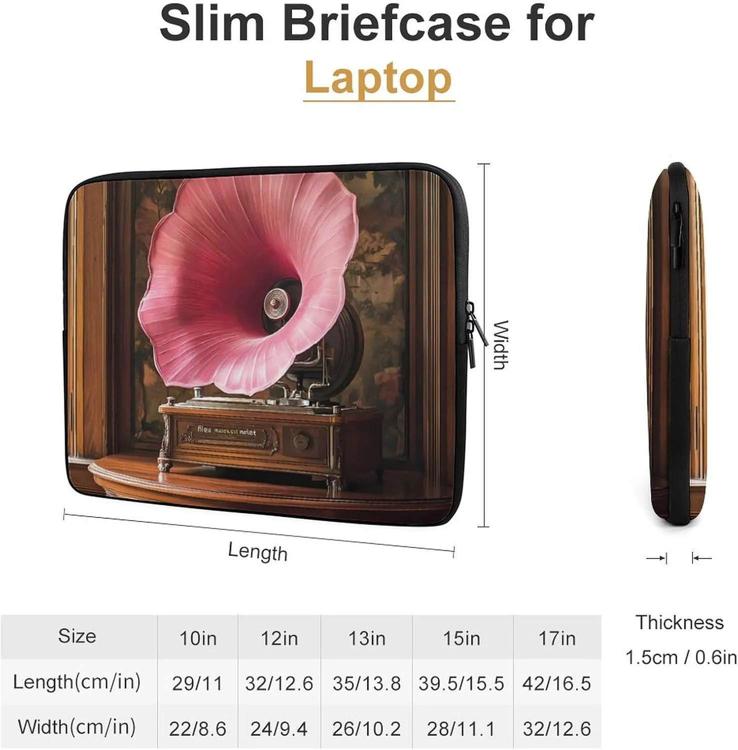 Ntique Phonograph and Radio Classic Laptop Case Sleeve Bag 15inch Durable Shockproof Protective Computer Carrying Cover Briefcase