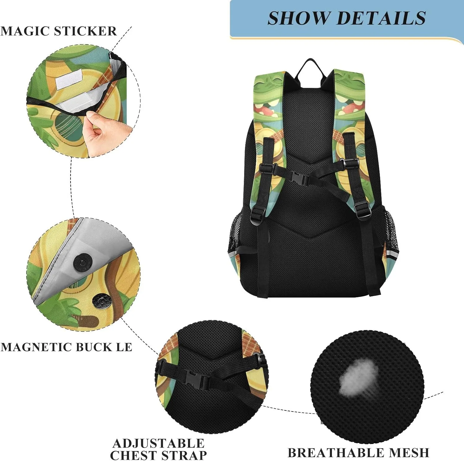 ODAWA Cartoon Crocodile Playing Guitar Laptop Bags Book Bag Laptop Backpacks for College