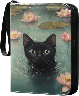 Oil Painting Black Cat Cards Binder 4 Pocket Fits 400 Cards with 50 Removable Sleevesves, Trading Card Collector Zipper Album Holder Portable Card Games Display Storage Cases