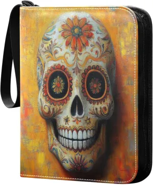 Oil Painting Skull Cards Binder 4 Pocket Fits 400 Cards with 50 Removable Sleevesves, Trading Card Collector Zipper Album Holder Portable Card Games Display Storage Cases