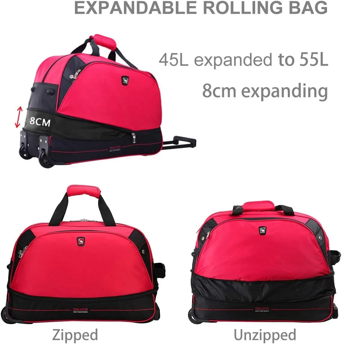 OIWAS Small Rolling Duffle Bag with Wheels Travel 22 inch Carry On Luggage Tote Unisex-Adult Short Term Trips Expandable 50L to 60L