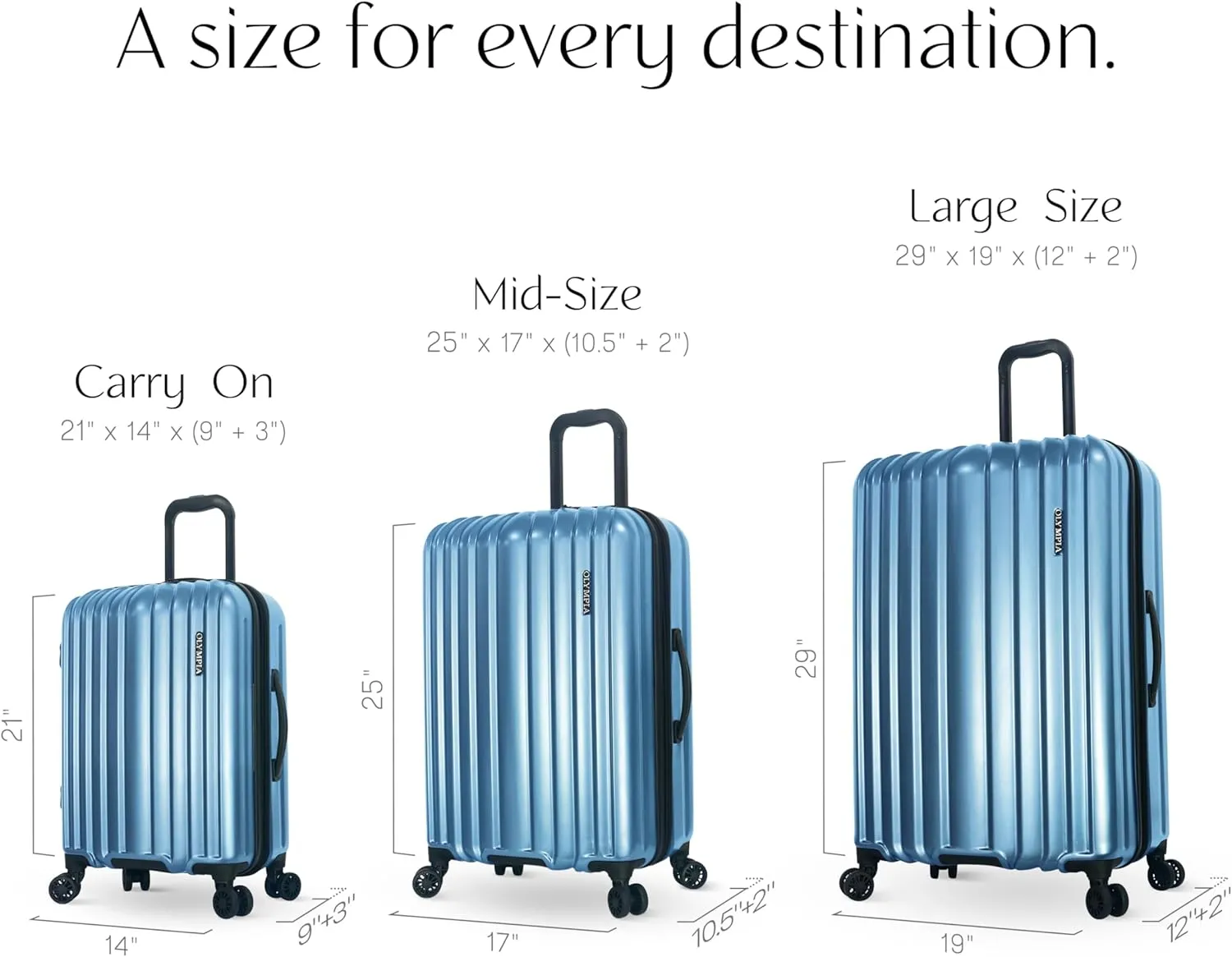 Olympia U.S.A. Shadow 3-Piece Luggage Set (21", 25", 29") – Expandable Hardside Suitcases with Double-Spinner Wheels, Telescoping Handle, Utility Hook & Hidden Laptop Compartment (Elemental Blue)