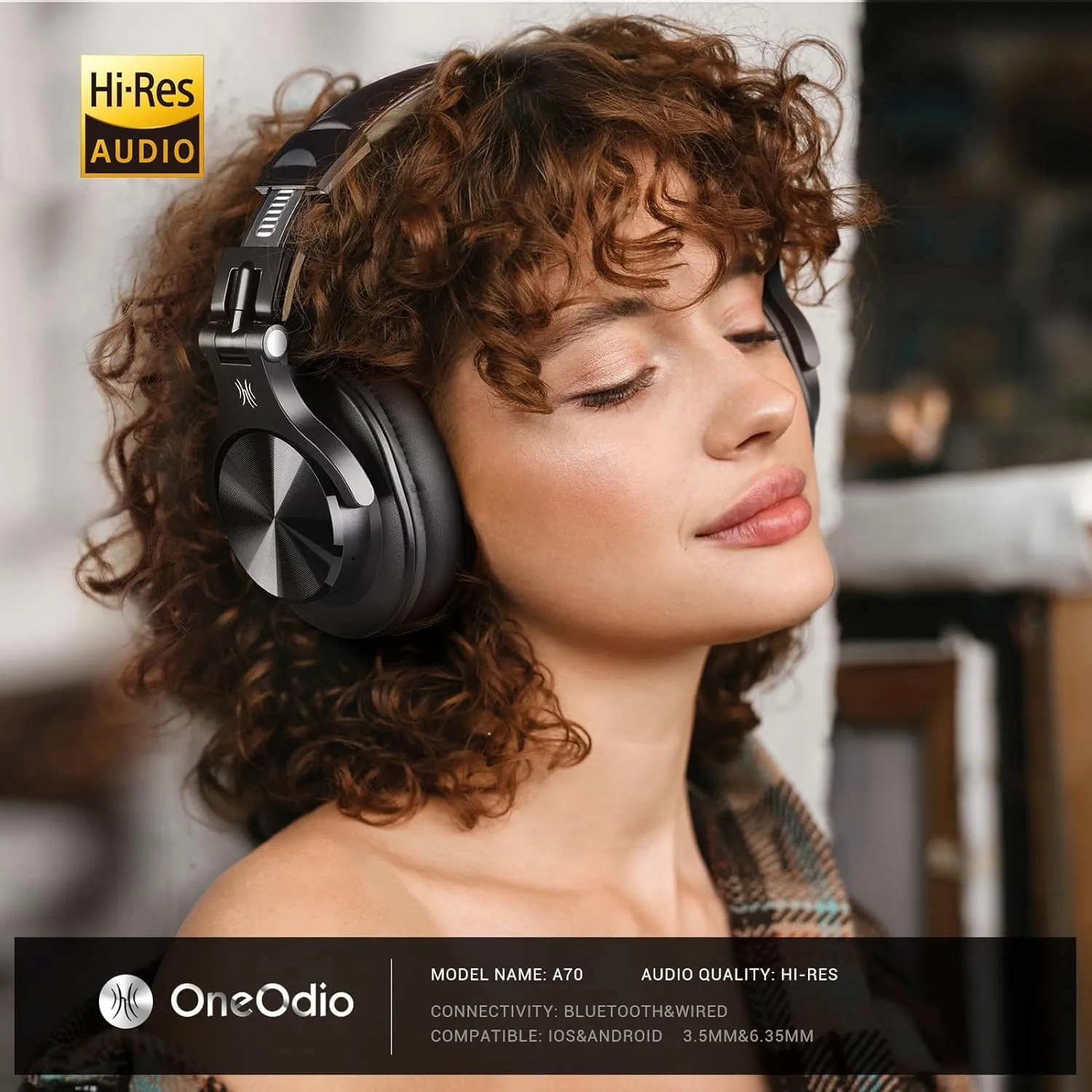 OneOdio A70 Bluetooth Over Ear Headphones, Wireless Headphones with 72H Playtime, Hi-Res, Built-in Mic, 3.5mm/6.35mm Wired Audio Jack for Studio Monitor & Mixing DJ Guitar AMP, Computer Laptop PC