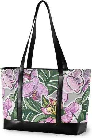 Orchid Floral Colorful Sticker Style Portable canvas laptop tote bag with zipper book tote for nurse work with Travel Essentials Beach Gifts Birthday Gifts for Women cartera para laptop