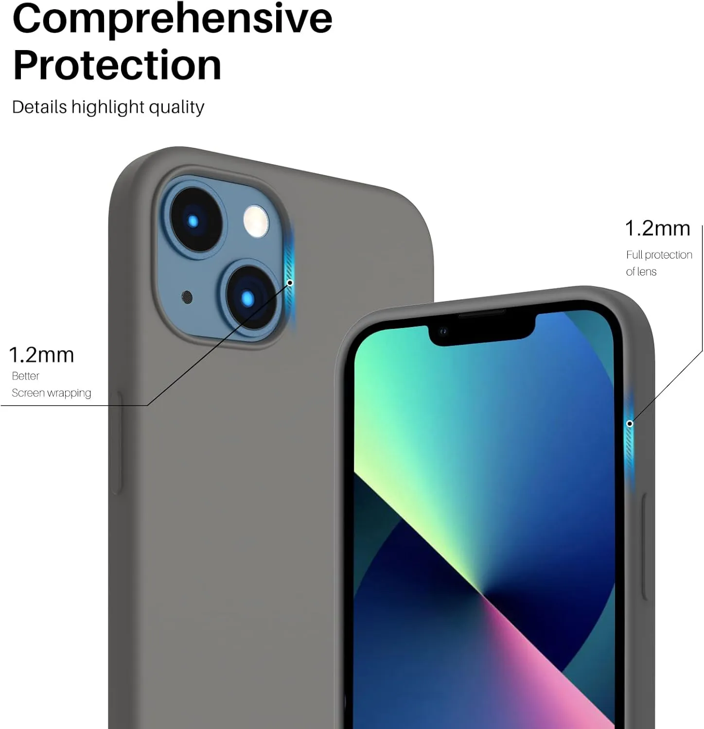 ORNARTO Compatible with iPhone 13 Case 6.1, Slim Liquid Silicone 3 Layers Full Covered Soft Gel Rubber Case Cover 6.1 inch-Cold Gray