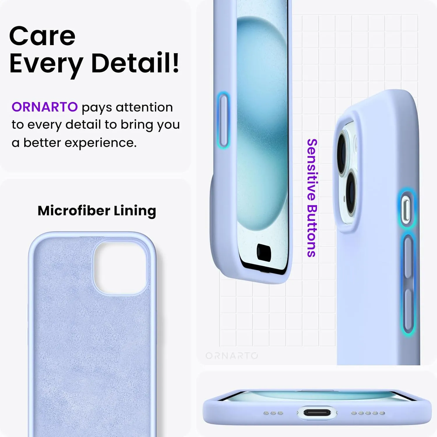 ORNARTO Compatible with iPhone 15 Case 6.1, Slim Liquid Silicone 3 Layers Full Covered Soft Gel Rubber Phone Case, Anti-Scratch Shockproof Protective Cover 6.1 Inch, Baby Blue