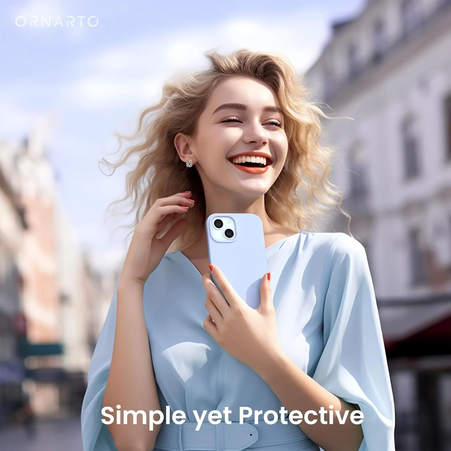 ORNARTO Compatible with iPhone 15 Case 6.1, Slim Liquid Silicone 3 Layers Full Covered Soft Gel Rubber Phone Case, Anti-Scratch Shockproof Protective Cover 6.1 Inch, Baby Blue