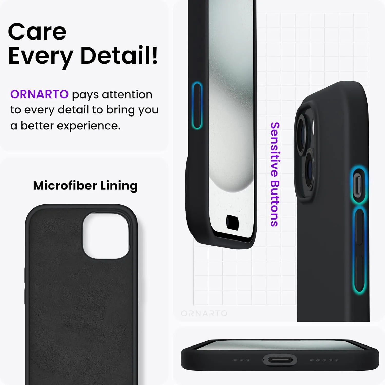 ORNARTO Compatible with iPhone 15 Case 6.1, Slim Liquid Silicone 3 Layers Full Covered Soft Gel Rubber Phone Case, Anti-Scratch Shockproof Protective Cover 6.1 Inch, Black