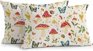 Outdoor Pillow Covers Waterproof Pillow Cases Protector Village Farm Mushroom Pillowcase Pack of 2 Country Leaf Butterfly Throw Cushion Case for Pation Furniture,Couch,Living Room Sofa,20X12IN