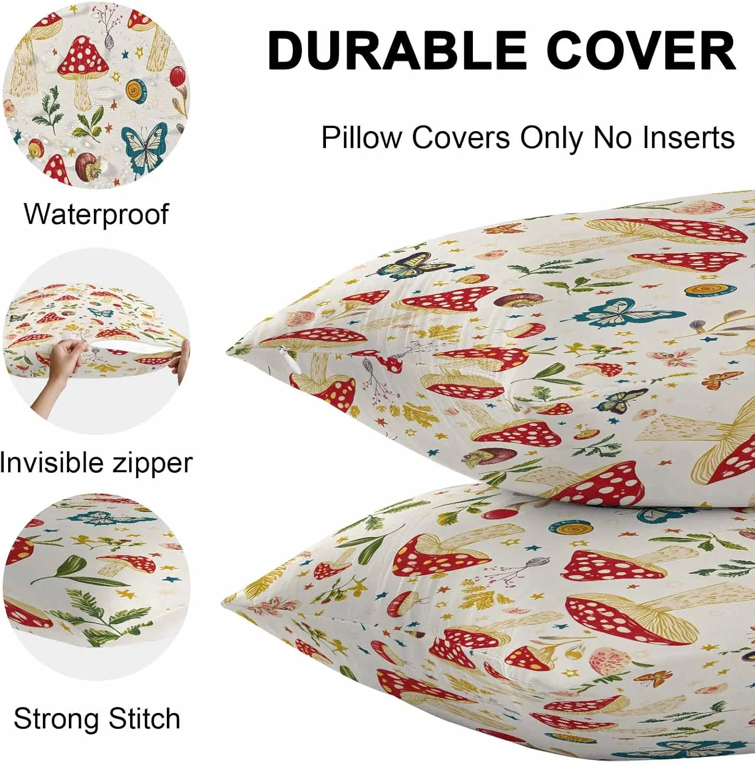 Outdoor Pillow Covers Waterproof Pillow Cases Protector Village Farm Mushroom Pillowcase Pack of 2 Country Leaf Butterfly Throw Cushion Case for Pation Furniture,Couch,Living Room Sofa,20X12IN