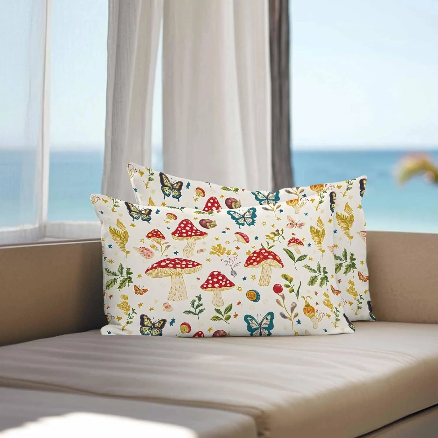 Outdoor Pillow Covers Waterproof Pillow Cases Protector Village Farm Mushroom Pillowcase Pack of 2 Country Leaf Butterfly Throw Cushion Case for Pation Furniture,Couch,Living Room Sofa,20X12IN