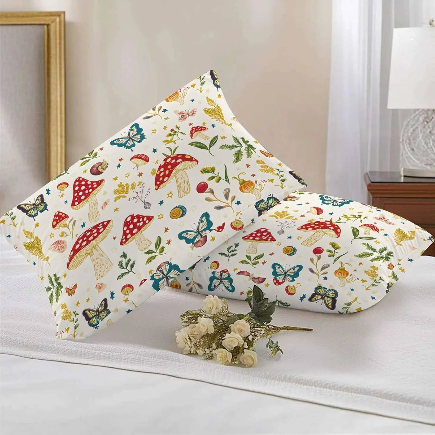 Outdoor Pillow Covers Waterproof Pillow Cases Protector Village Farm Mushroom Pillowcase Pack of 2 Country Leaf Butterfly Throw Cushion Case for Pation Furniture,Couch,Living Room Sofa,20X12IN