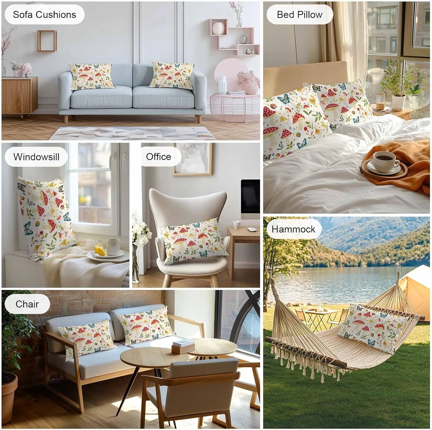 Outdoor Pillow Covers Waterproof Pillow Cases Protector Village Farm Mushroom Pillowcase Pack of 2 Country Leaf Butterfly Throw Cushion Case for Pation Furniture,Couch,Living Room Sofa,20X12IN