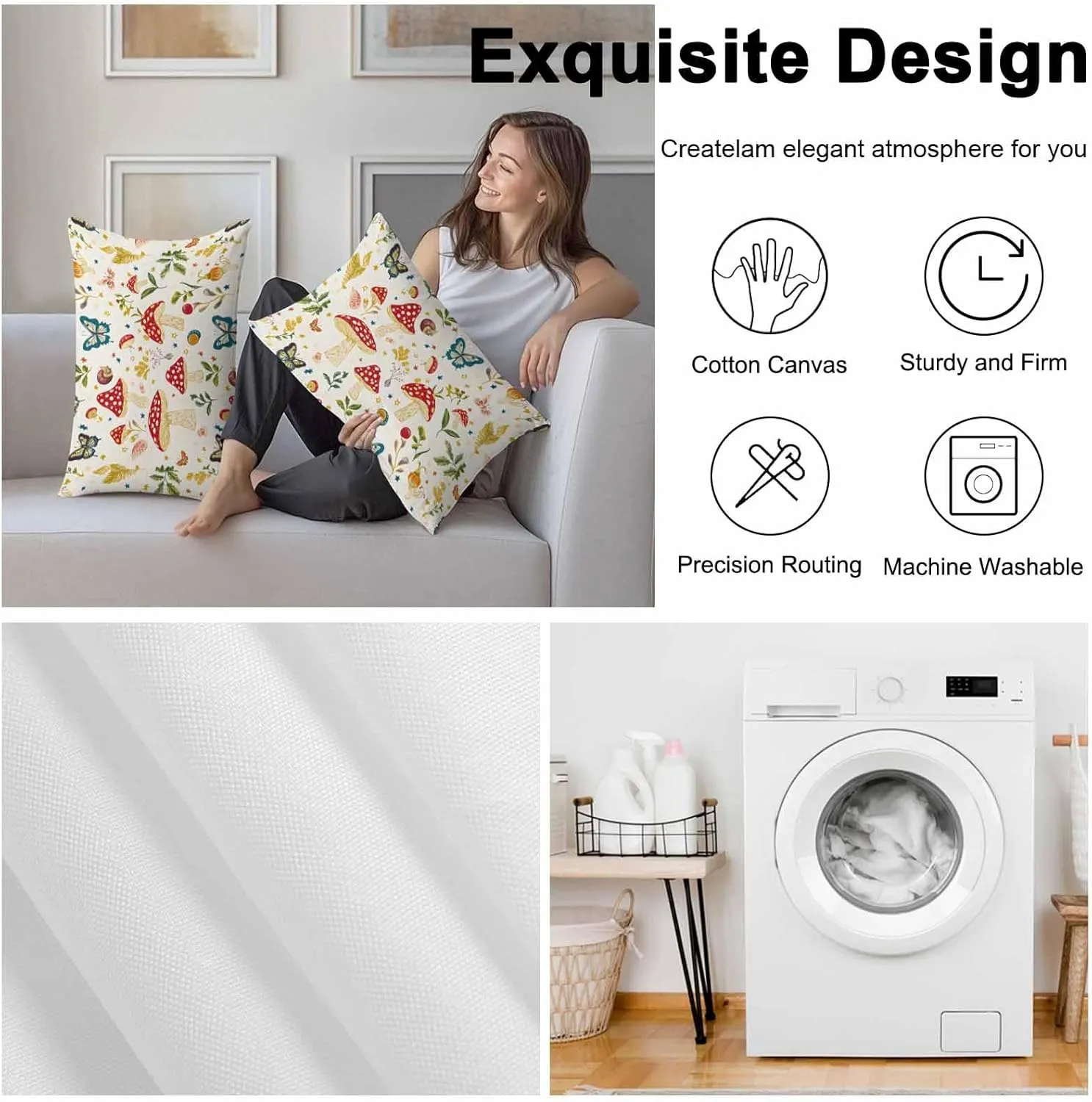 Outdoor Pillow Covers Waterproof Pillow Cases Protector Village Farm Mushroom Pillowcase Pack of 2 Country Leaf Butterfly Throw Cushion Case for Pation Furniture,Couch,Living Room Sofa,20X12IN