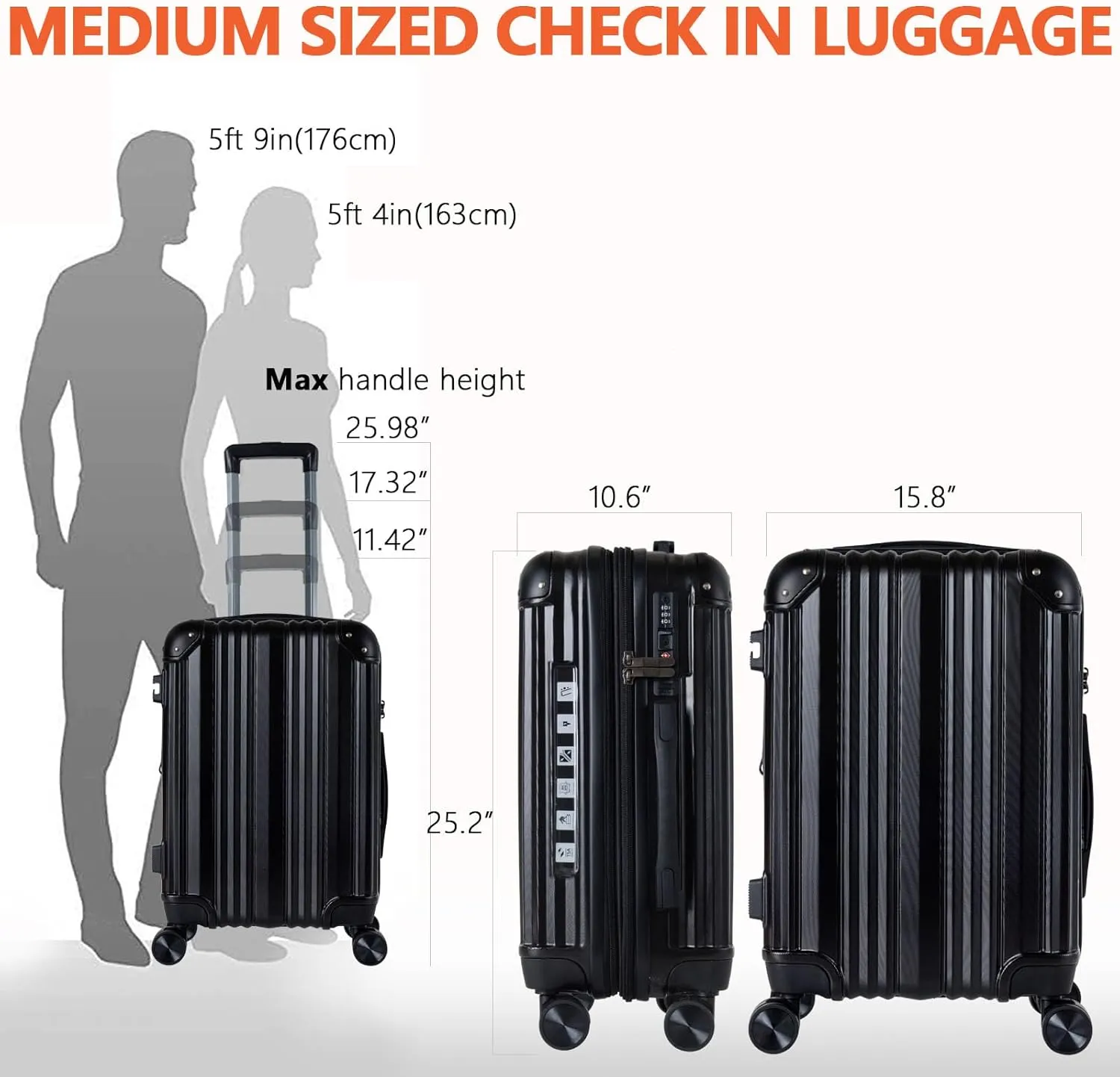OUZZO Luggage,Carry-on Luggage With Wheels and Corner Protectors,Hardshell Suitcase,Expandable Medium Luggae,Luggage Locks TSA Approved,24-inch Suitcase With USB Port, Black