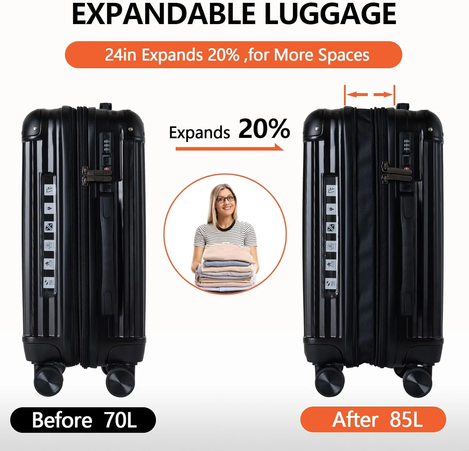 OUZZO Luggage,Carry-on Luggage With Wheels and Corner Protectors,Hardshell Suitcase,Expandable Medium Luggae,Luggage Locks TSA Approved,24-inch Suitcase With USB Port, Black