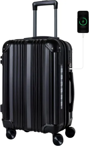 OUZZO Luggage,Carry-on Luggage With Wheels and Corner Protectors,Hardshell Suitcase,Expandable Medium Luggae,Luggage Locks TSA Approved,24-inch Suitcase With USB Port, Black