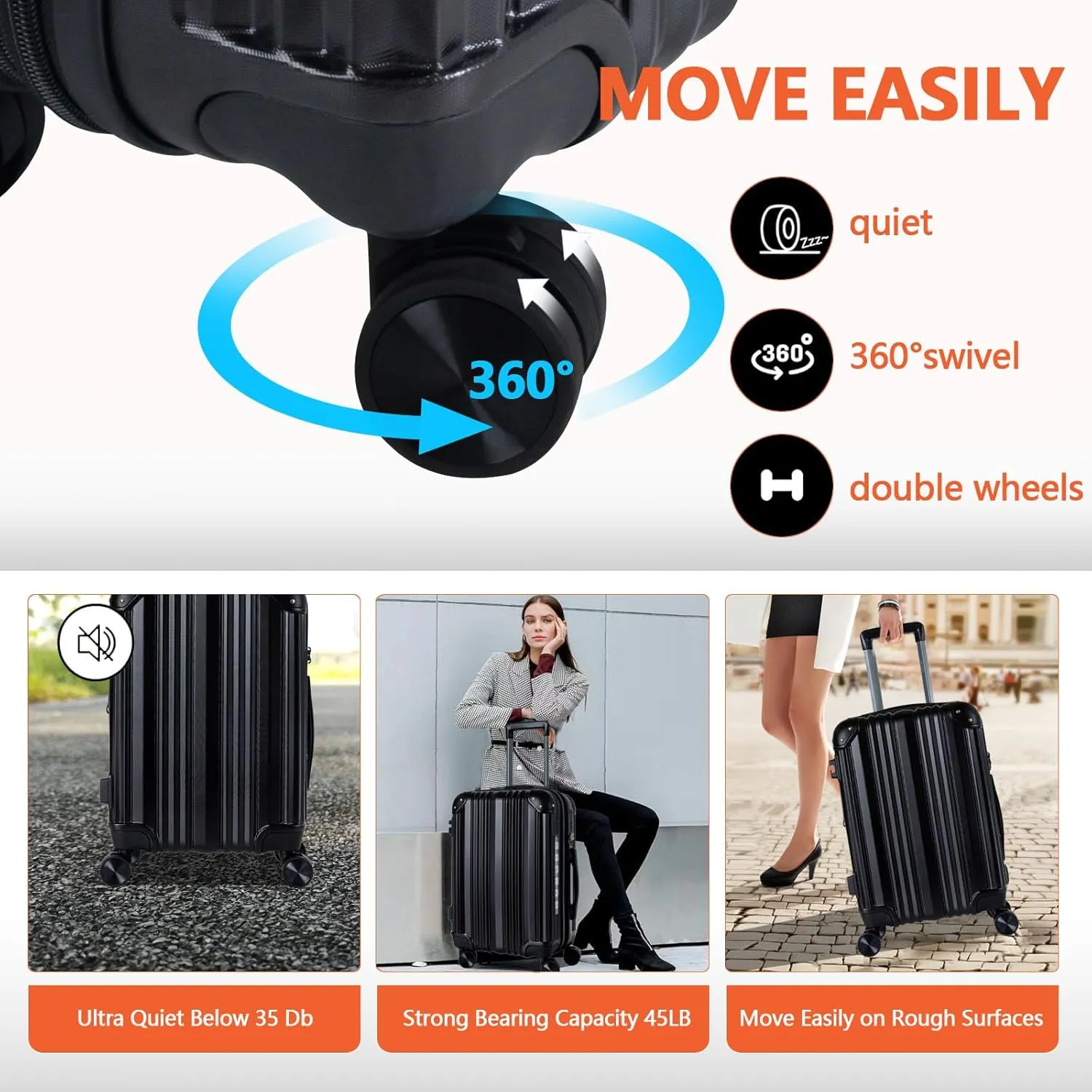 OUZZO Luggage,Carry-on Luggage With Wheels and Corner Protectors,Hardshell Suitcase,Expandable Medium Luggae,Luggage Locks TSA Approved,24-inch Suitcase With USB Port, Black