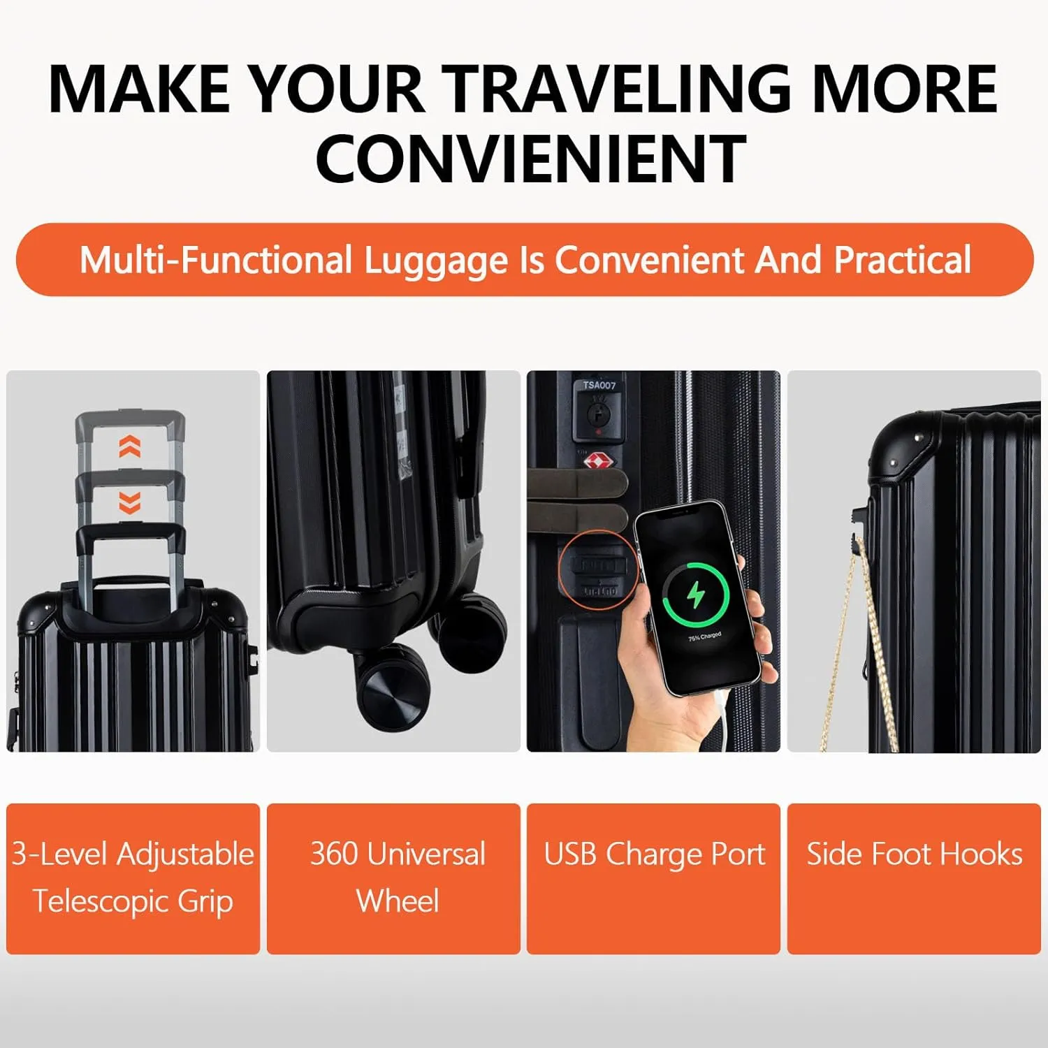 OUZZO Luggage,Carry-on Luggage With Wheels and Corner Protectors,Hardshell Suitcase,Expandable Medium Luggae,Luggage Locks TSA Approved,24-inch Suitcase With USB Port, Black