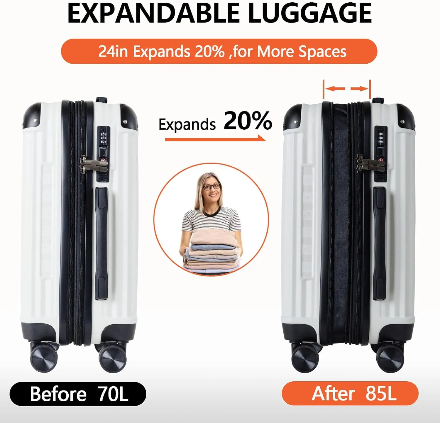 OUZZO Luggage,Carry-on Luggage With Wheels and Corner Protectors,Hardshell Suitcase,Expandable Medium Luggae,Luggage Locks TSA Approved,24-inch Suitcase With USB Port, White