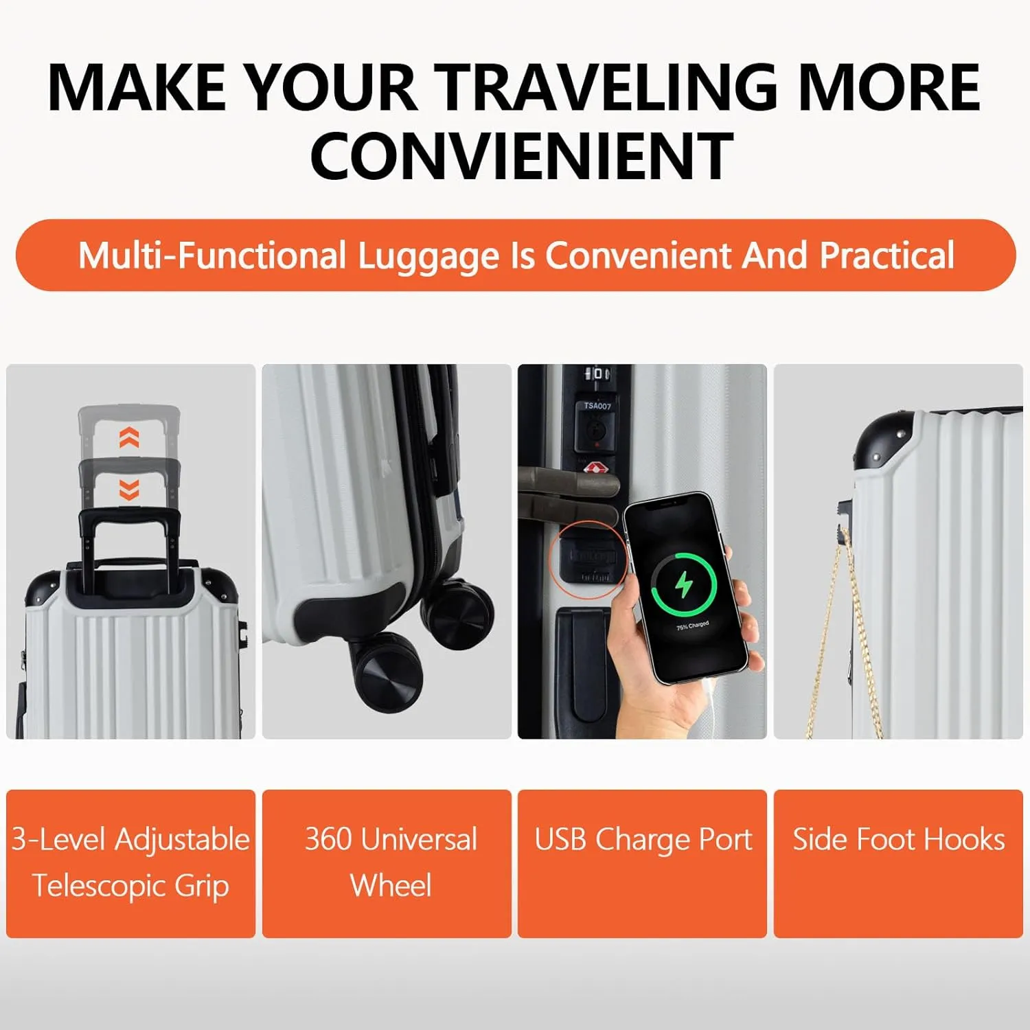 OUZZO Luggage,Carry-on Luggage With Wheels and Corner Protectors,Hardshell Suitcase,Expandable Medium Luggae,Luggage Locks TSA Approved,24-inch Suitcase With USB Port, White