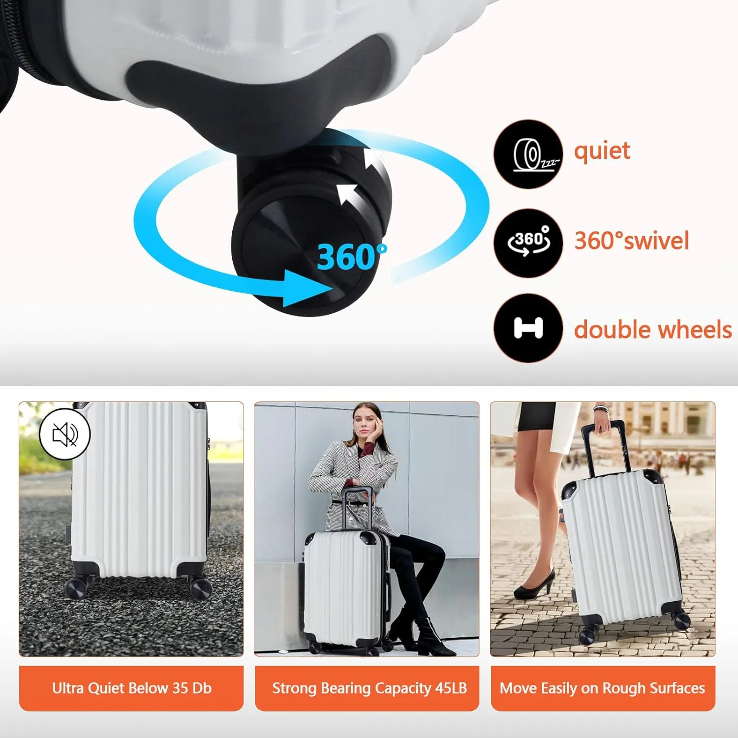 OUZZO Luggage,Carry-on Luggage With Wheels and Corner Protectors,Hardshell Suitcase,Expandable Medium Luggae,Luggage Locks TSA Approved,24-inch Suitcase With USB Port, White