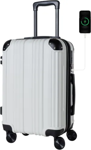 OUZZO Luggage,Carry-on Luggage With Wheels and Corner Protectors,Hardshell Suitcase,Expandable Medium Luggae,Luggage Locks TSA Approved,24-inch Suitcase With USB Port, White
