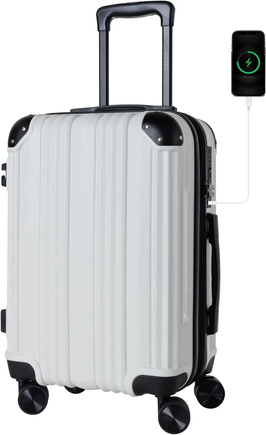 OUZZO Luggage,Carry-on Luggage With Wheels and Corner Protectors,Hardshell Suitcase,Expandable Medium Luggae,Luggage Locks TSA Approved,24-inch Suitcase With USB Port, White