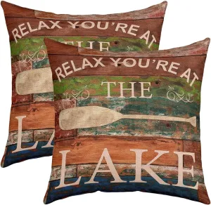 Pack of 2 Lake House Decor Throw Pillow Covers 18x18 Inch, Farmhouse Style Pillow Covers for Bed Sofa, Rustic Lake Paddle Cushion Cases, Vintage Wooden Board Decorative Pillow Covers Cabin Decor