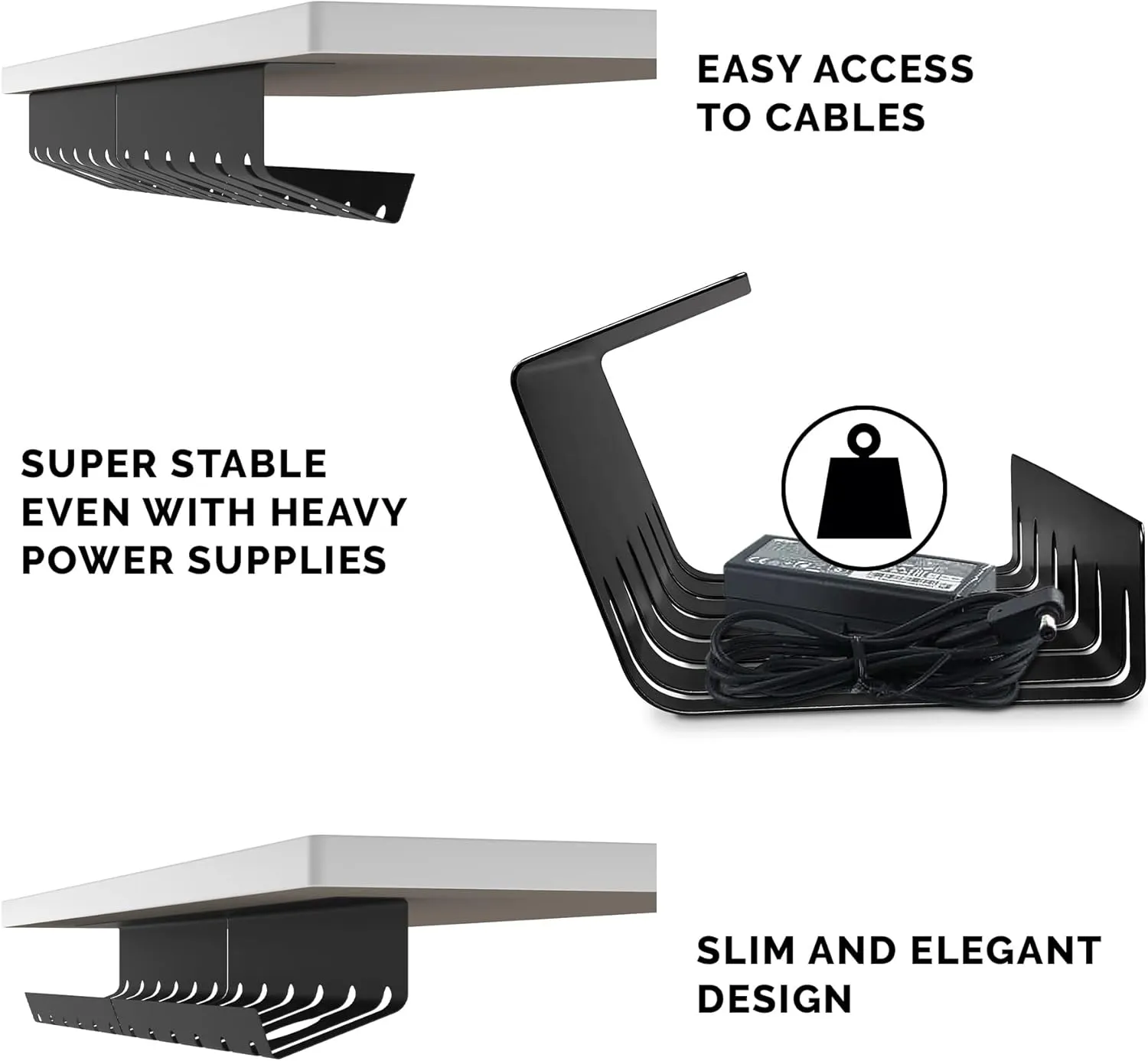 PAMO Cable Management Under Desk for Easy mounting Under-Table I Set of 3 - with 10X Cable Ties I Desk Organizer for Office/Home Office Table Thoughtful Cable Tray Holder