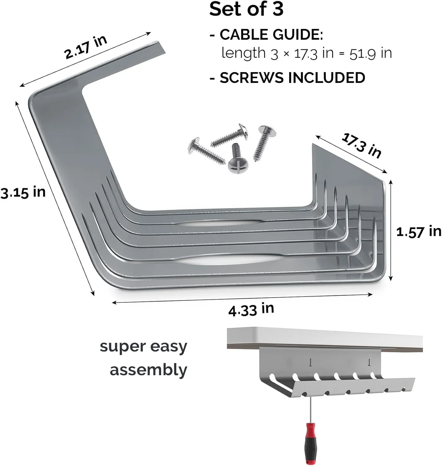 PAMO Cable Management Under Desk for Easy mounting Under-Table I Set of 3 - with 10X Cable Ties I Desk Organizer for Office/Home Office Table Thoughtful Cable Tray Holder