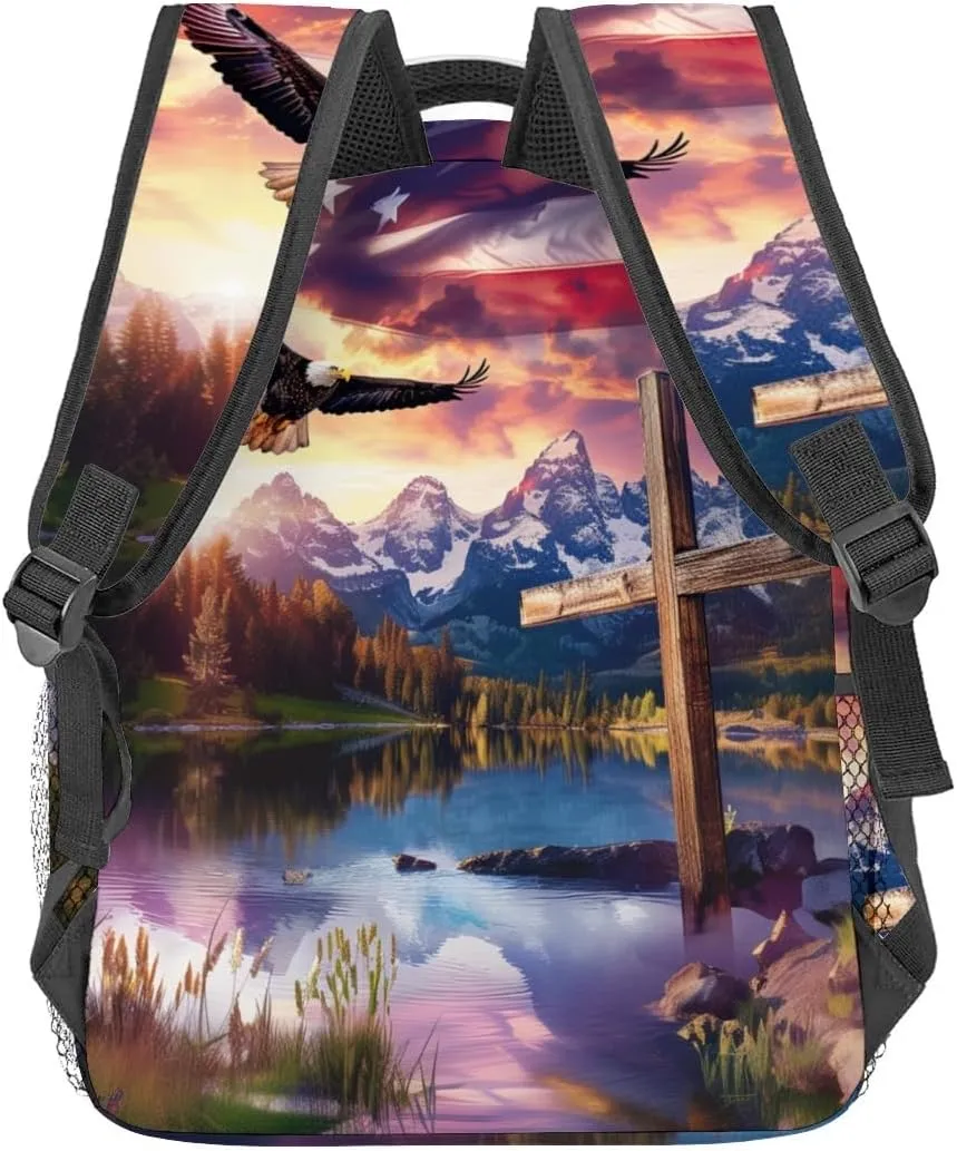 Patriotic Eagle Backpack,American Flag Polyester Backpacks,Lightweight Double Shoulder Back Pack for Adults Teens,Cross Inspirational Bookbag,School Bag Gifts,Casual Travel Daypack Book Packs