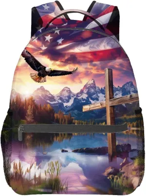 Patriotic Eagle Backpack,American Flag Polyester Backpacks,Lightweight Double Shoulder Back Pack for Adults Teens,Cross Inspirational Bookbag,School Bag Gifts,Casual Travel Daypack Book Packs